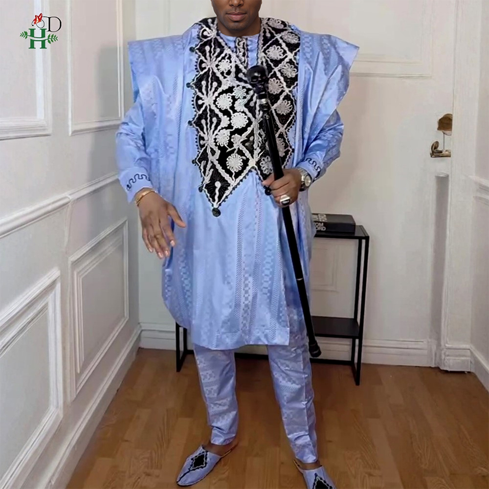 Dashiki Shirt Men - H&D アフリカの男性用伝統衣装 アグバダセット 3点セット ブルー ローブ