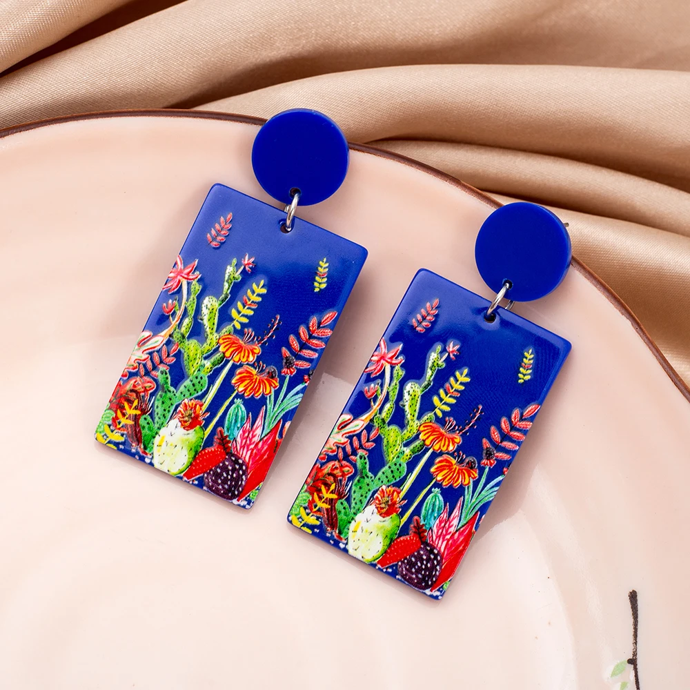 Ethnic Fashion Trends 2026 - 新しいサボテンの葉レリーフプリントブルーアクリル女性の花のイヤリング 2026 トレンドヴィンテージスタイル美的エレガントな女性の耳のジュエリー