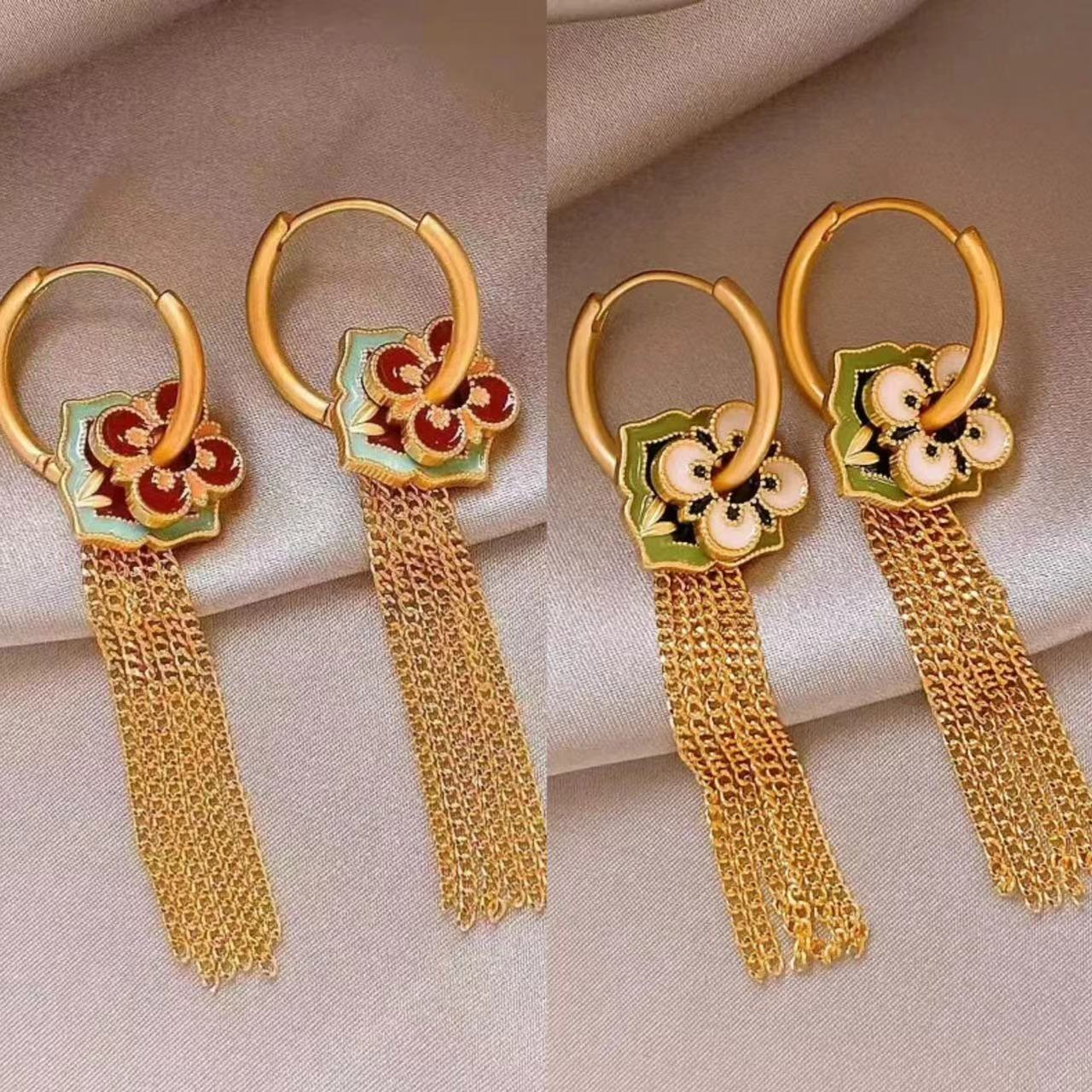 Ethnic Fashion Way - 女性のための花の形をした金色のタッセルのイヤリング,エスニックスタイル,複数の着用方法,ウェディングジュエリー,クリエイティブギフト,中国のファッション,新しい