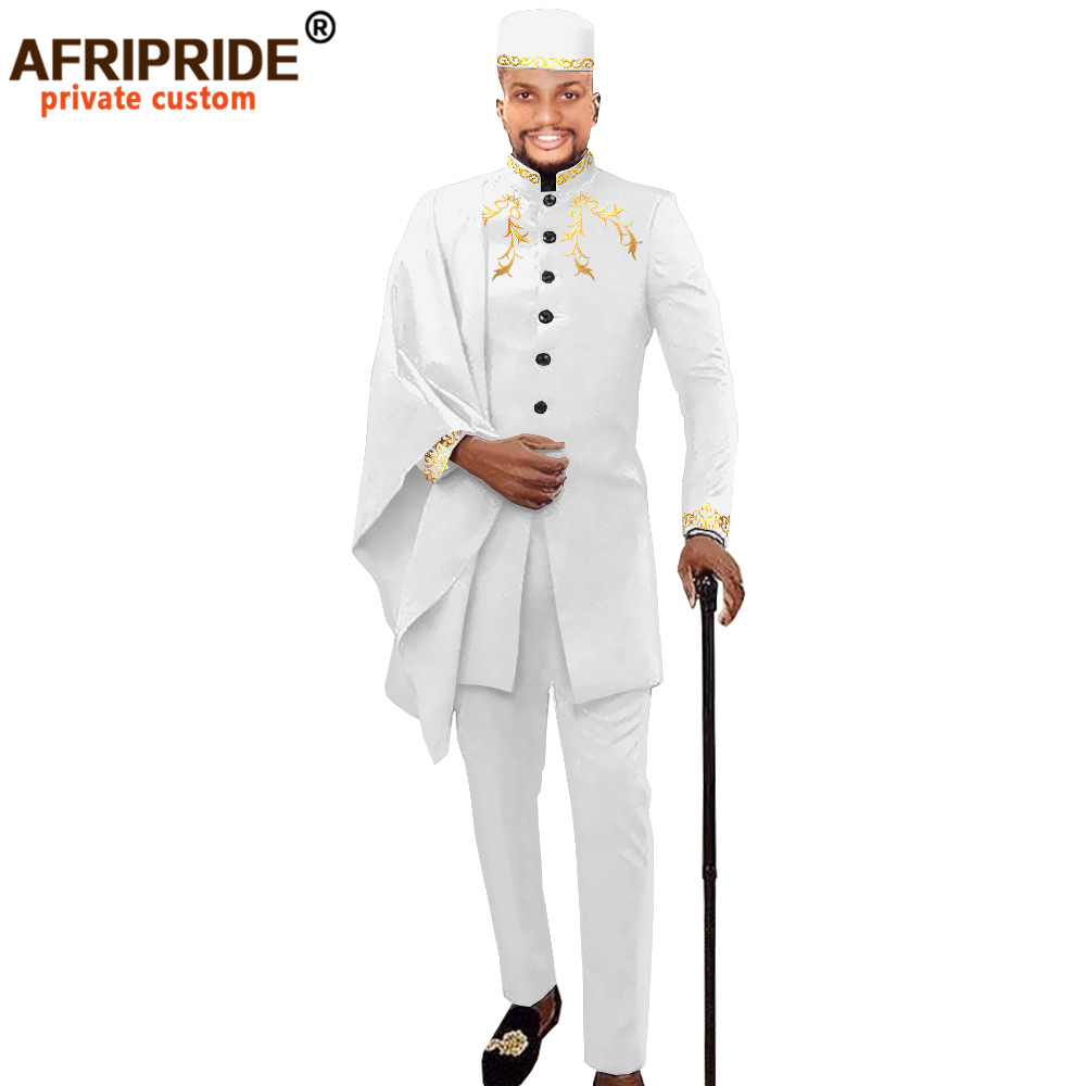 Dashiki Shirt Men - Afripride-アフリカの紳士服,パーティーウェア,結婚式,ダシキプリントのコート,アンカラのパンツと帽子,3ピースセット,部族のスーツ,ワックス,a2016017