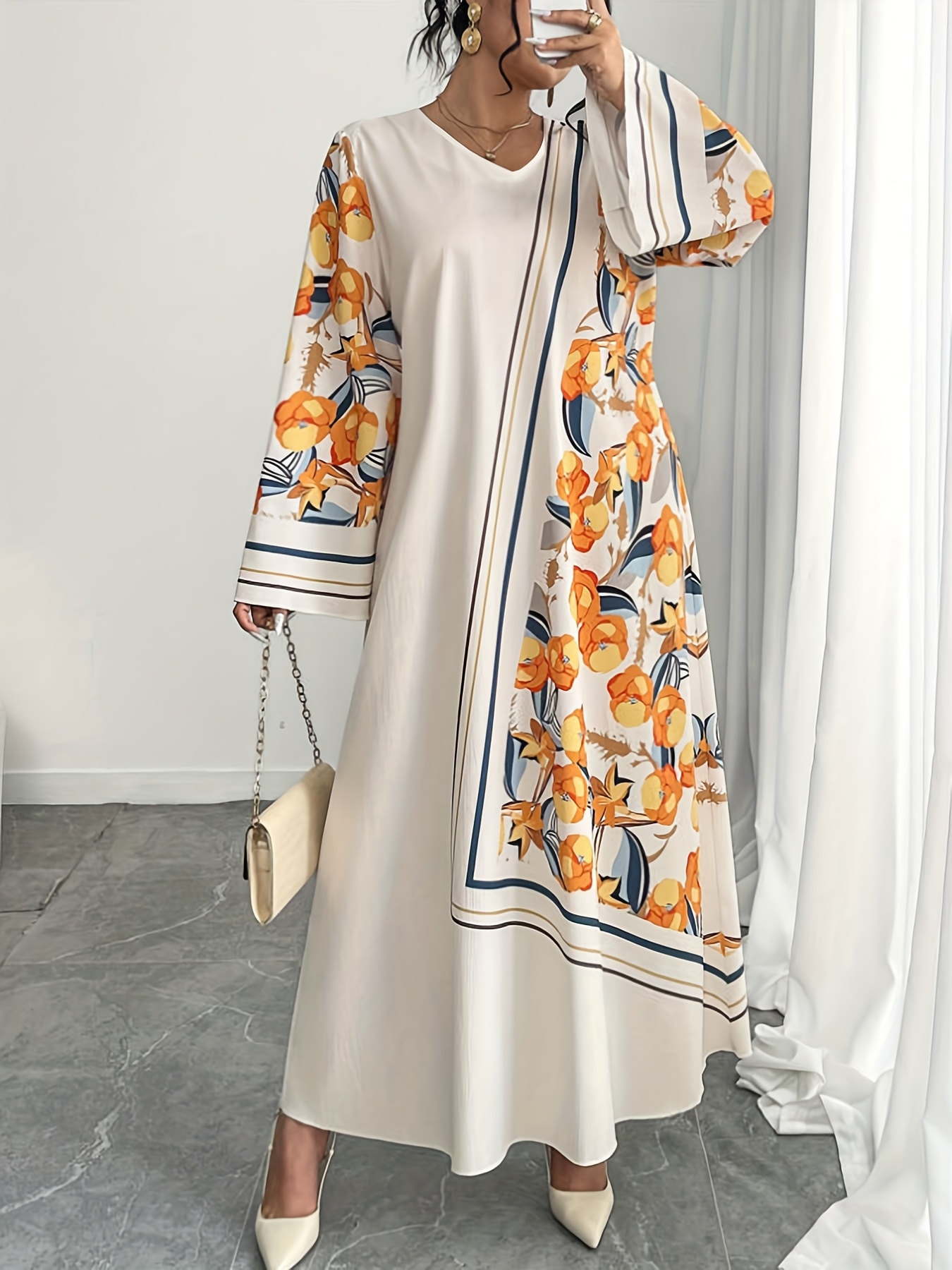 Ethnic Style Dresses - プラスサイズのファッショナブルな女性用中東ローブドレス、エスニックプリント、ゆったりとした快適なバケーションスタイル、長袖Vネックガウン