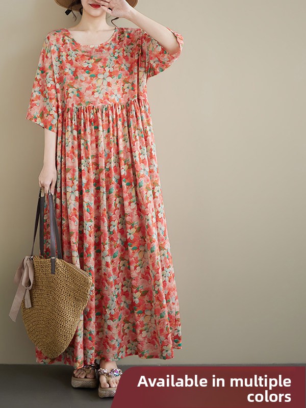 Ethnic Style Dresses - 夏の新作プラスサイズラウンドネック半袖ルーズコットンリネンマタニティドレスハイウエストAラインスカートエスニックスタイル婦人服