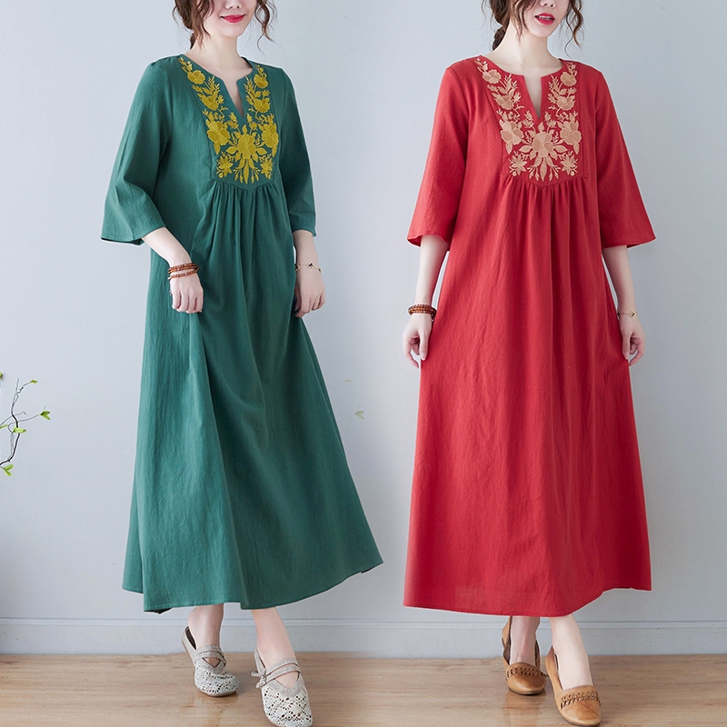 新しいエスニックスタイルルーズディープ V ネックミディコッ - Ethnic Style Dresses のレビューと価格