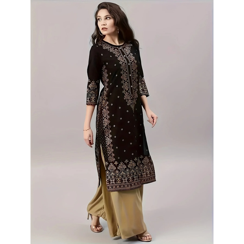 女性のカジュアルエスニックスタイルの服セットラウンドネックミ - Ethnic Style Dresses のレビューと価格