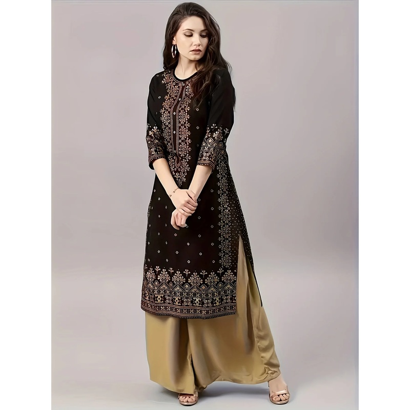 女性のカジュアルエスニックスタイルの服セットラウンドネックミ - Ethnic Style Dresses のレビューと価格