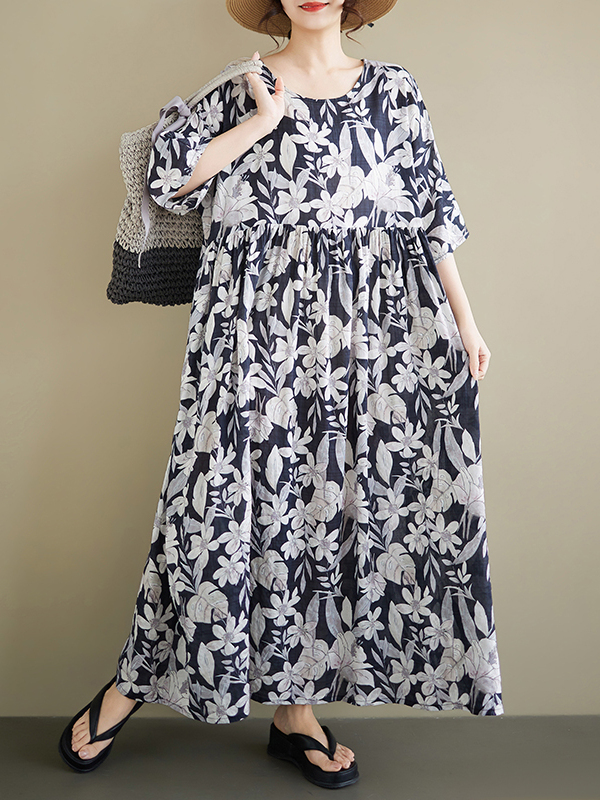 夏の新作プラスサイズラウンドネック半袖ルーズコットンリネンマ - Ethnic Style Dresses のレビューと価格
